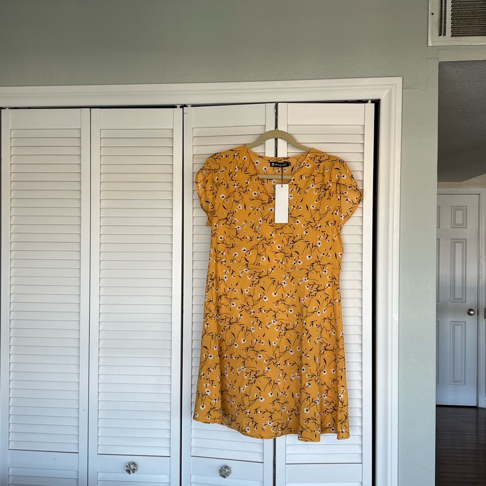 Gold mustard yellow blue floral black leaves mini dress.